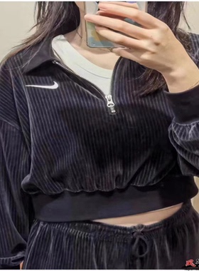 Nike耐克女装短款春款灯芯绒半拉链翻领套头衫上衣DQ5939-