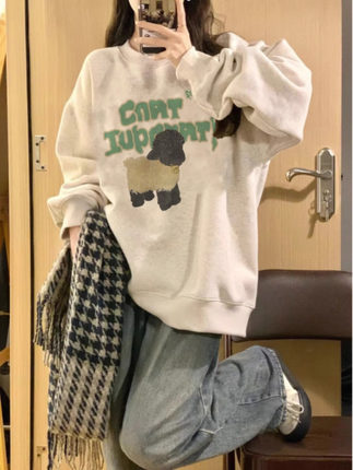 圆领灰色卫衣女2023新款宽松设计感小众春秋薄款慵懒风小个子上衣