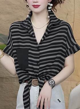 2025夏季薄款短袖休闲风夏季女收腰衬衫D显瘦条纹时尚极简风上衣