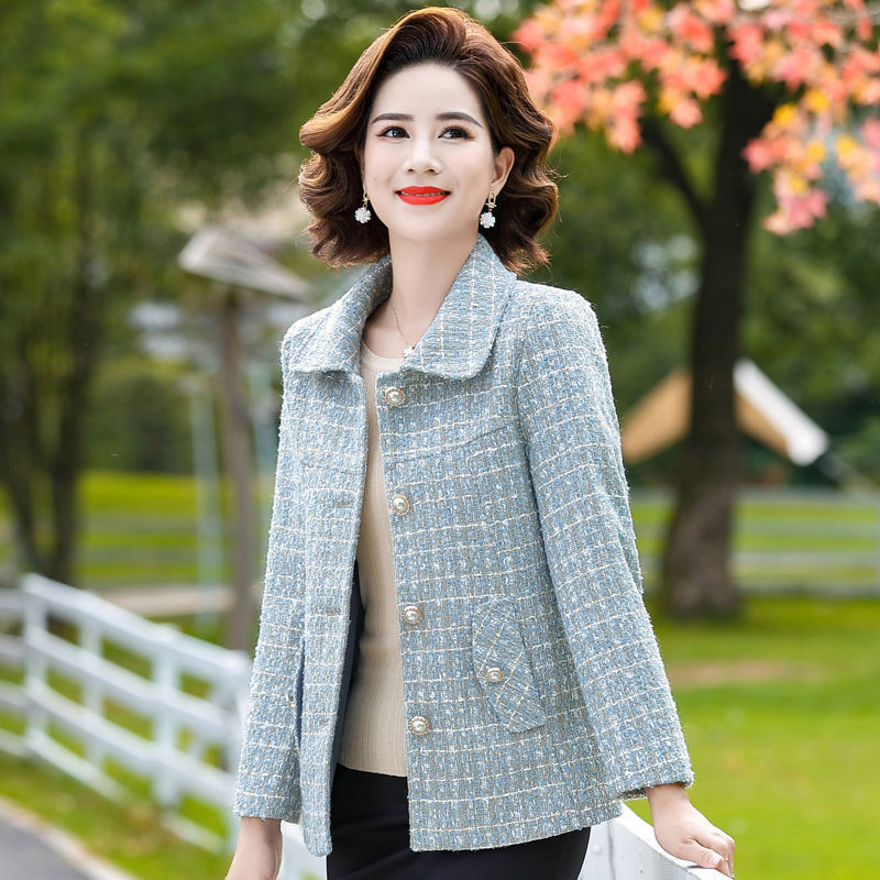2023春季新款妈妈装短款格子毛呢外套洋气中年女40-50岁春秋衣服