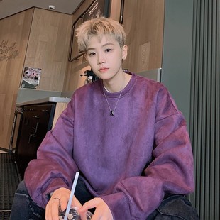 秋冬特大码圆领卫衣男款潮牌情侣装oversize重磅麂皮绒外套T恤