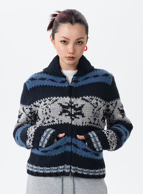 Link Exchange治愈蓝色系费尔岛拉链开衫外套_羊毛粗棒针毛衣