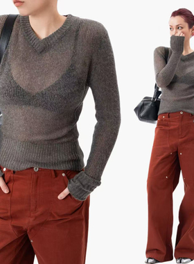 Link Exchange半透视网眼V领针织上衣_毛绒手感叠穿毛衣