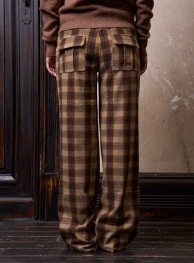 Link Exchange格纹毛呢直筒宽腿低腰休闲裤_70%羊毛冬季御寒保暖