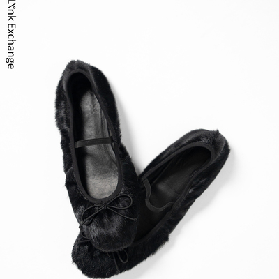 Link Exchange可爱黑色马毛真皮芭蕾舞鞋_秋冬平底单鞋balletcore