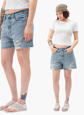 Link Exchange夏日自然腰水洗破洞牛仔短裤_休闲随性中裤
