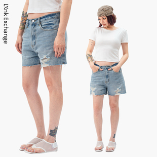 Link Exchange夏日自然腰水洗破洞牛仔短裤_休闲随性中裤