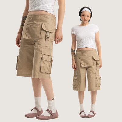 Link Exchange多口袋工装风中长短裤_男朋友的低腰大短裤/腰包