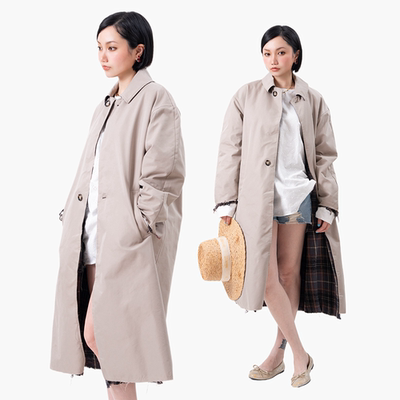 Link Exchange格纹拼接灰卡其长款廓形大衣_加厚型风衣外套