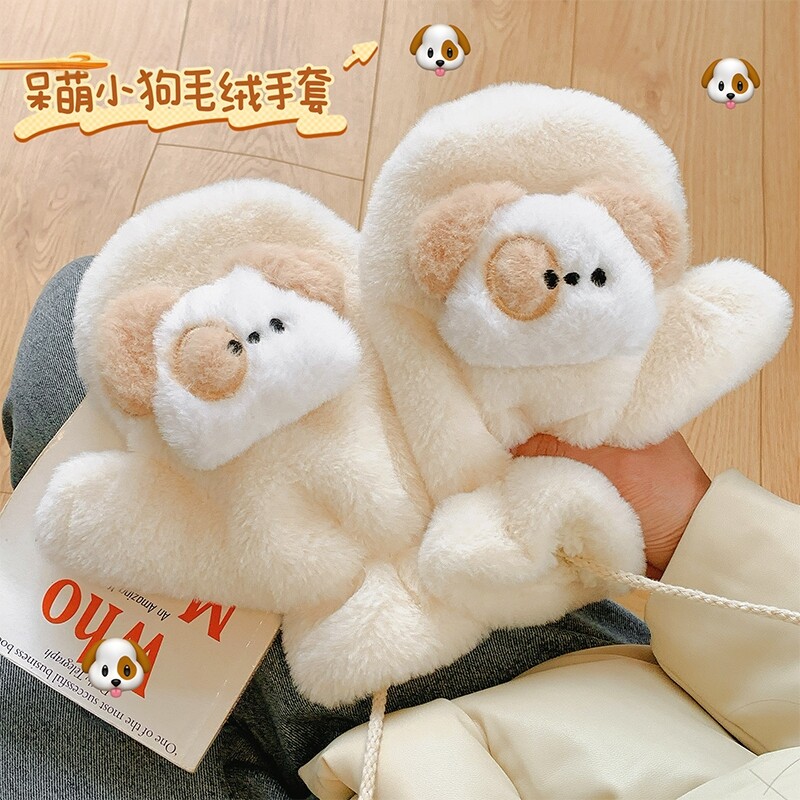 立体小帕毛绒手套ins风冬季款高颜值可爱保暖全包连指手套创意潮