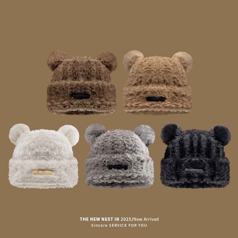 小熊耳朵毛线帽女秋冬可爱加绒加厚针织帽大头围显脸小保暖包