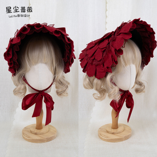 星尘蔷薇lolita原创设计发饰波奈特扁帽蕾丝蝴蝶结发带玫瑰花发箍