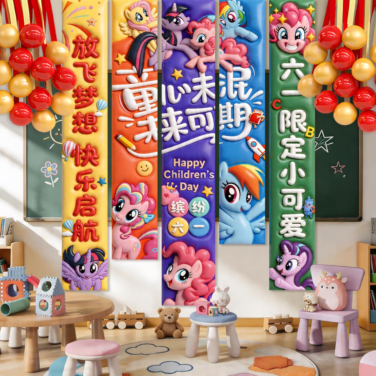 幼儿园六一儿童节班级教室装饰布置飘带气球小学活动海报条幅挂布