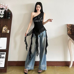 jazz爵士舞跳舞kpop白色单肩不规则流苏无袖上衣女独特斜肩T恤夏