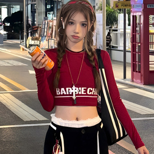 kpop红色打歌服辣妹纯欲上衣爵士跳舞长袖修身短款舞蹈美式T恤