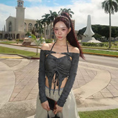 jazz爵士跳舞设计感一字肩长袖 挂脖T恤女灰色性感辣妹显瘦上衣