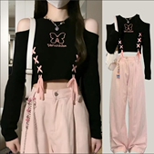 T恤纯欲修身 上衣女露肩爵士舞短款 辣妹套装 jazz长袖 美式 打歌服