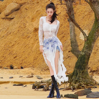 高个子白色秋季半身裙长款2025新款不规则飘带长袖蕾丝拼接连衣裙