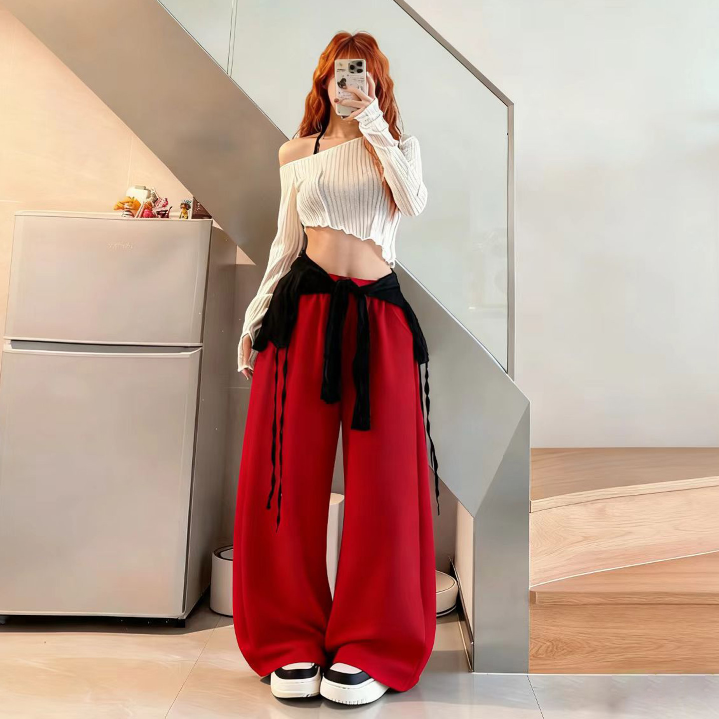 kpop爵士跳舞红色阔腿裤女宽松休闲裤垂感运动长裤卫裤打歌服套装