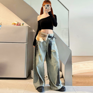 阔腿牛仔裤女宽松显瘦jazz上衣斜肩长袖T恤跳舞裤子女爵士舞套装