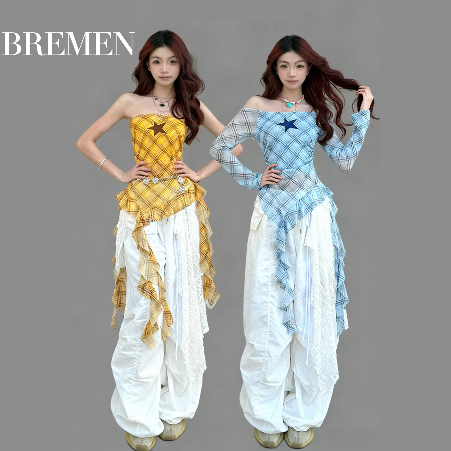 jazz爵士跳舞不规则格子飘带上衣hihhop练舞打歌服白色休闲裤子女