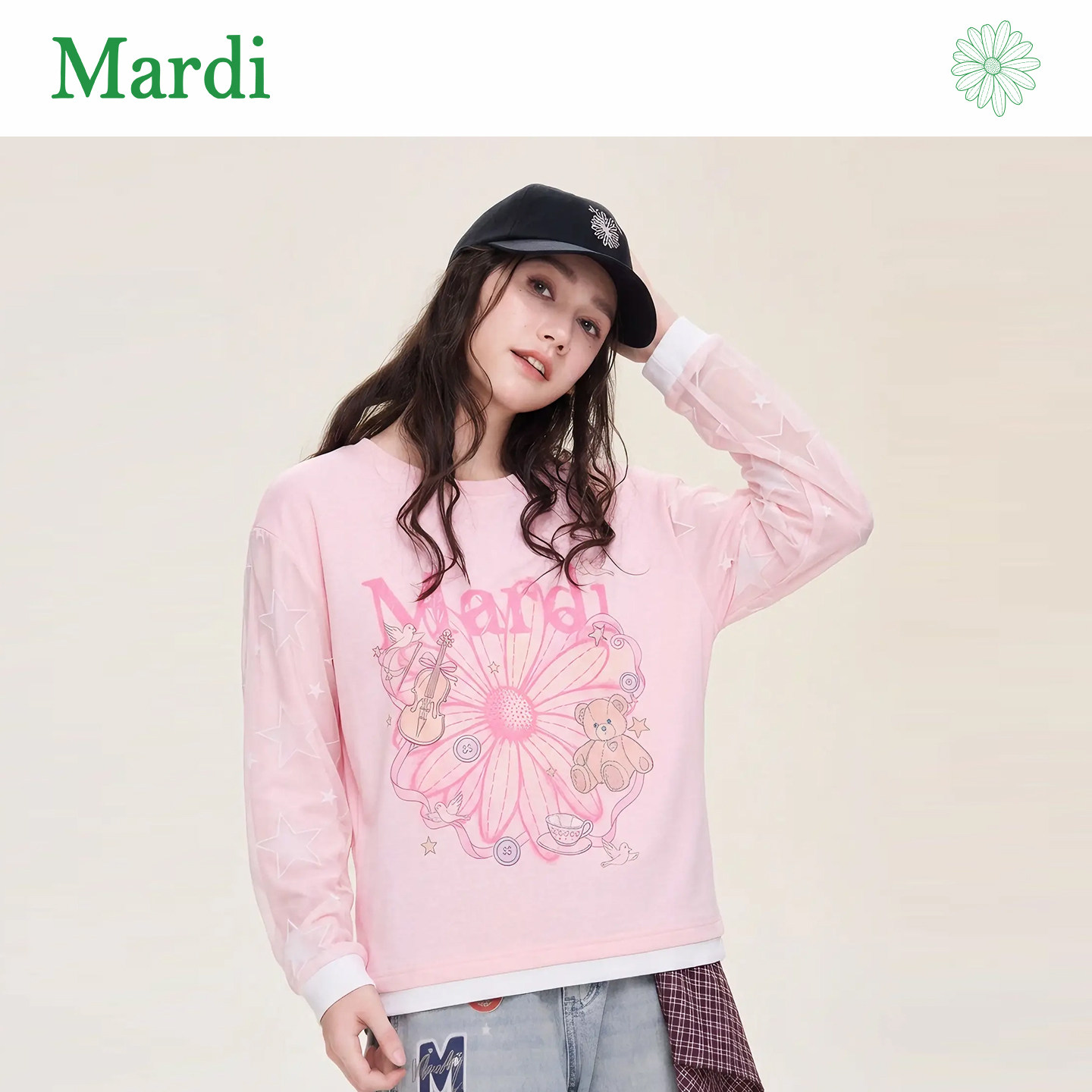 Mardi小雏菊印花圆领长袖T恤女韩系松弛风甜美通勤薄款百搭上衣