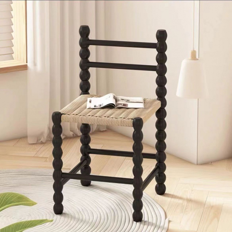 网红实木编绳凳子现代简约家用靠背化妆椅法式复古设计师洽谈餐椅