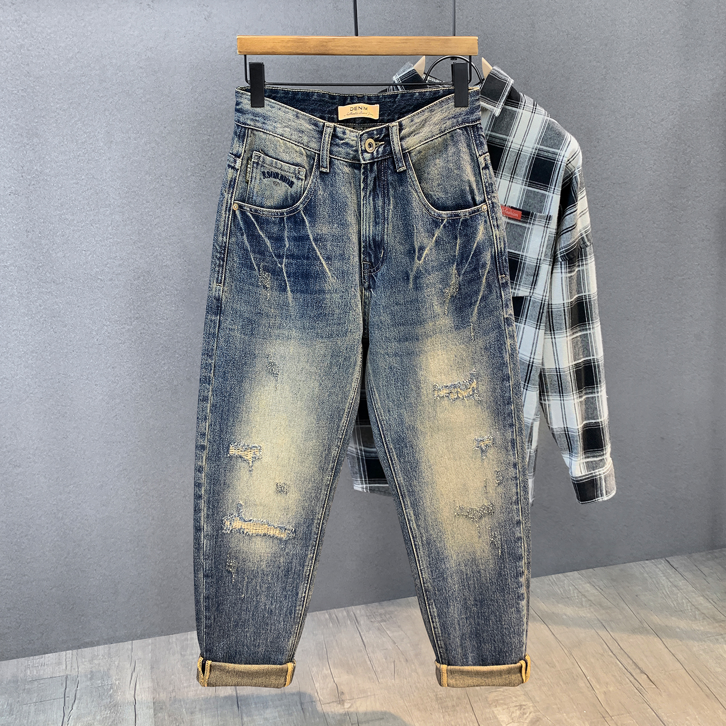 重工做旧水洗马骝潮牌破洞牛仔裤