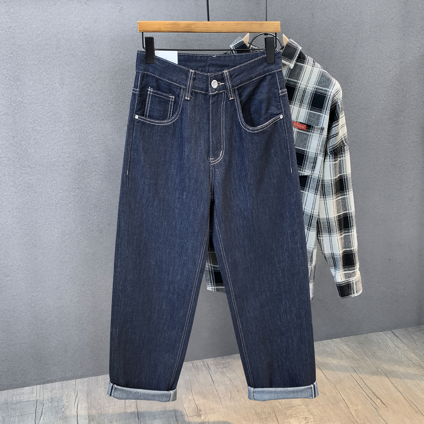 高级感防褪色复古银闪蓝牛仔裤男