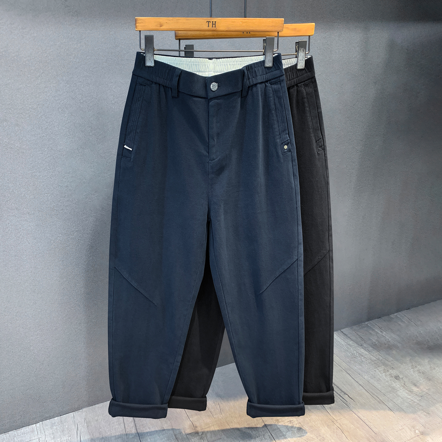 藏青色日系复古锥形纯棉休闲裤男