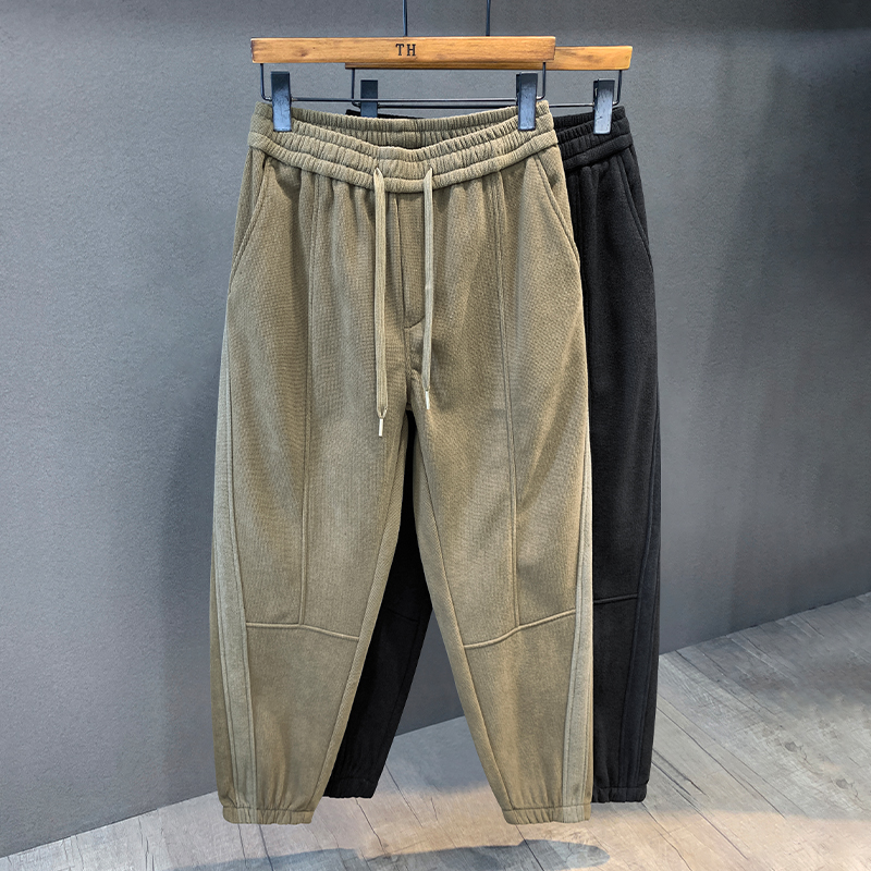 日系拼接加绒加厚卫裤束脚运动裤