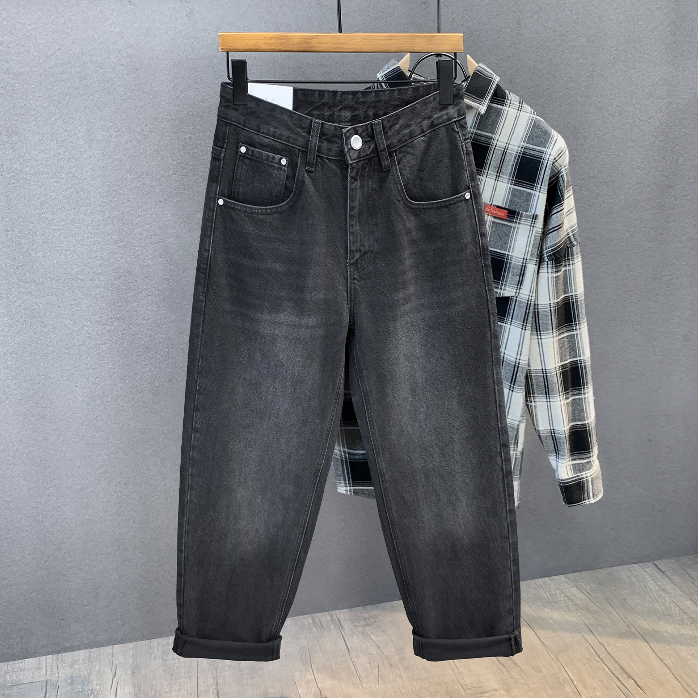 重磅竹节石磨水洗马骝黑色牛仔裤