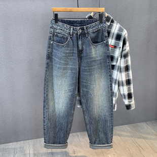 高端闪电纹理水洗美式潮牌牛仔裤男士春秋季宽松直筒裤男款长裤子