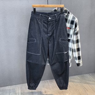 高端防褪色复古丹宁九分牛仔裤男士春秋美式休闲宽松工装束脚裤子