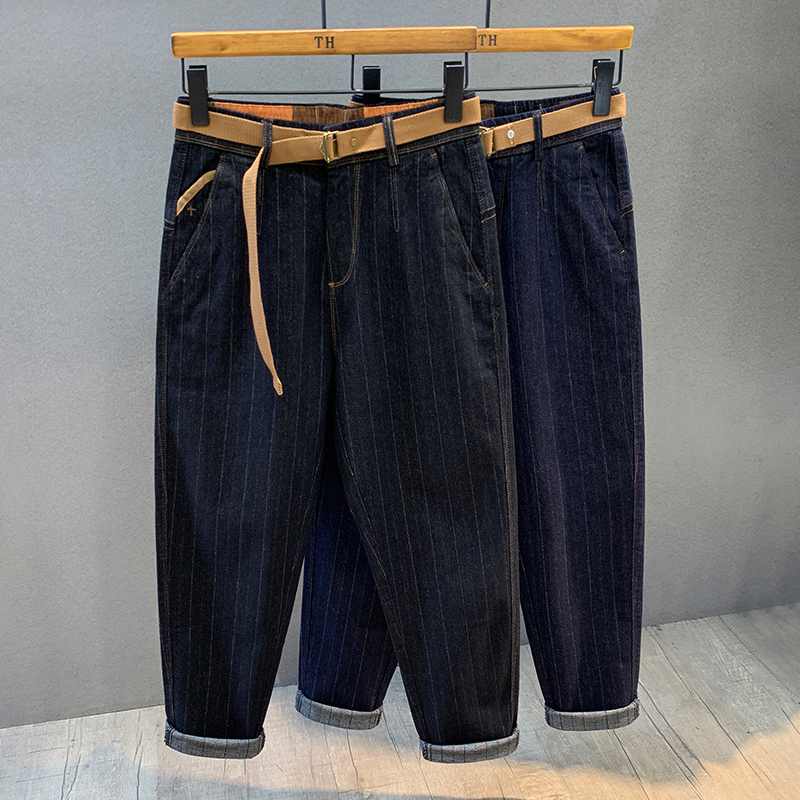 高级感条纹黑色潮流春秋款牛仔裤