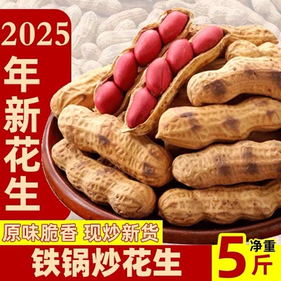 炒花生带壳原味道2025年粒红皮熟花生新货炒货现炒山东铁锅柴火