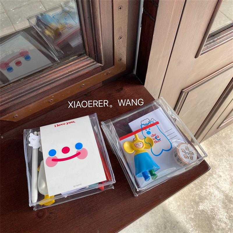 小二儿王PVC透明袋收纳包韩国ins可爱小熊绕线袋学生文具文件袋