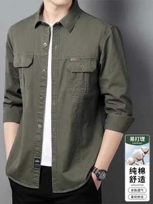 意大利纯棉工装长袖衬衫男士2025春秋季新款宽松大码休闲衬衣外套