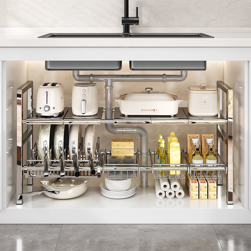 不锈钢厨房可伸缩下水槽置物架整体橱柜分层架锅架多功能锅碗盘收,厨房/烹饪用具,水槽置物架,淘宝优惠券,粉丝福利购,淘宝优惠卷