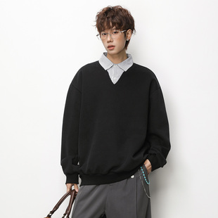 OFF 复古假两件条纹polo领卫衣宽松百搭上衣港风潮流 UP2026新款