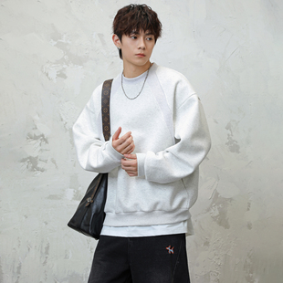 宽松休闲圆领上衣百搭通勤 高克重纯色拼接套头卫衣情侣款 OFF