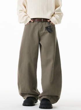 【衣橱直播预备】OFF-UP春夏纯棉弯刀裤男宽松休闲老钱风直筒裤