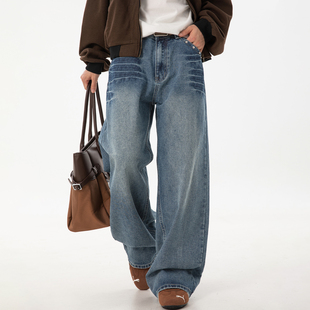 阔腿日常宽松百搭垂感阔腿裤 OFF 复古水洗休闲牛仔裤 美式 子