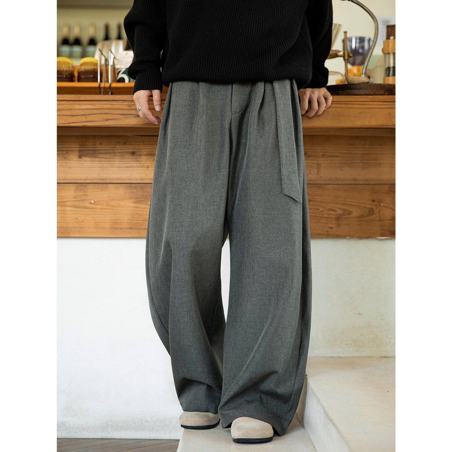 OFF-UP老钱风亚麻纹阔腿弯刀西裤