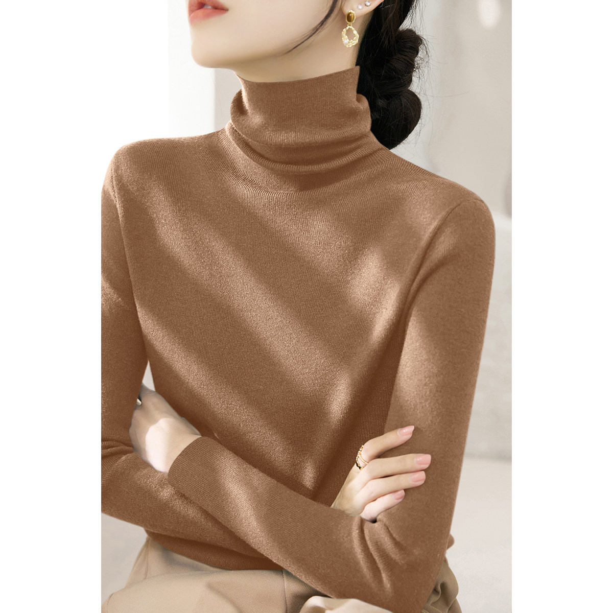 冬季新款高级感深灰色堆堆领毛衣修身长袖针织衫女装内搭打底上衣