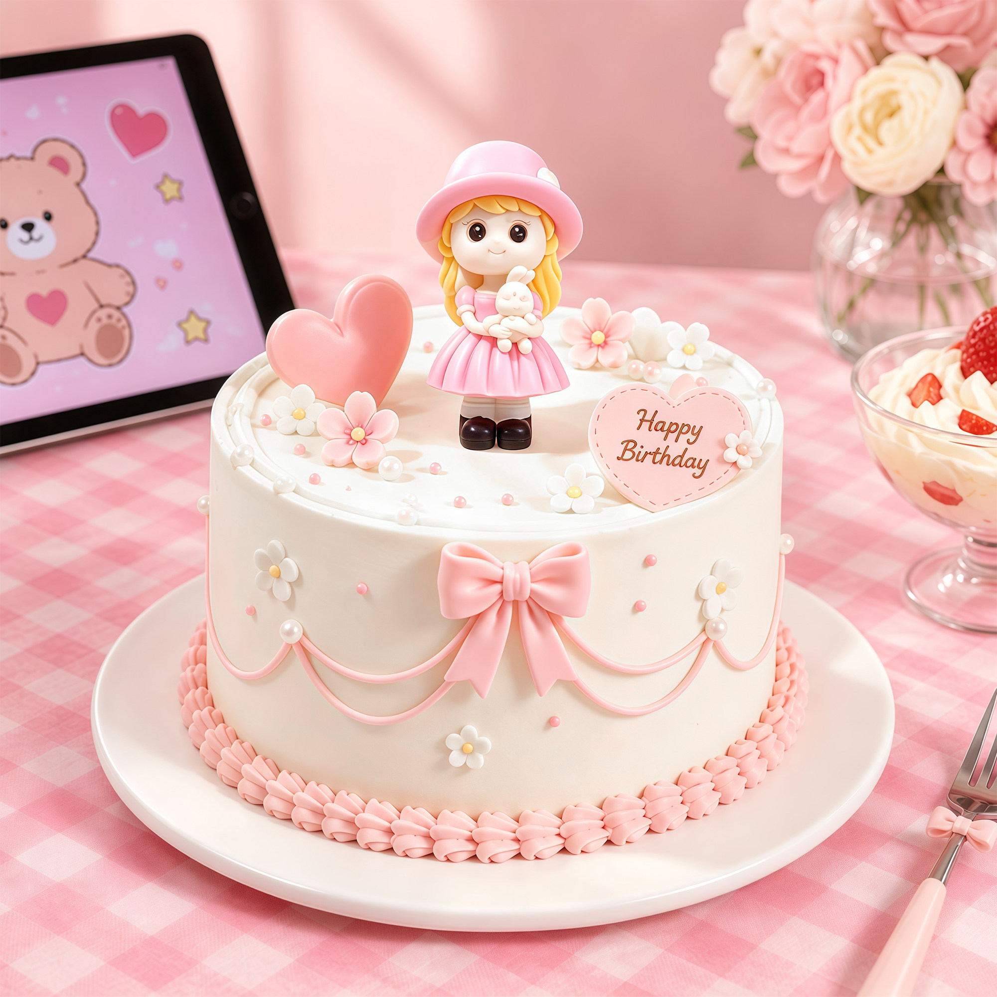 粉色公主抱兔巧克力生日蛋糕装饰