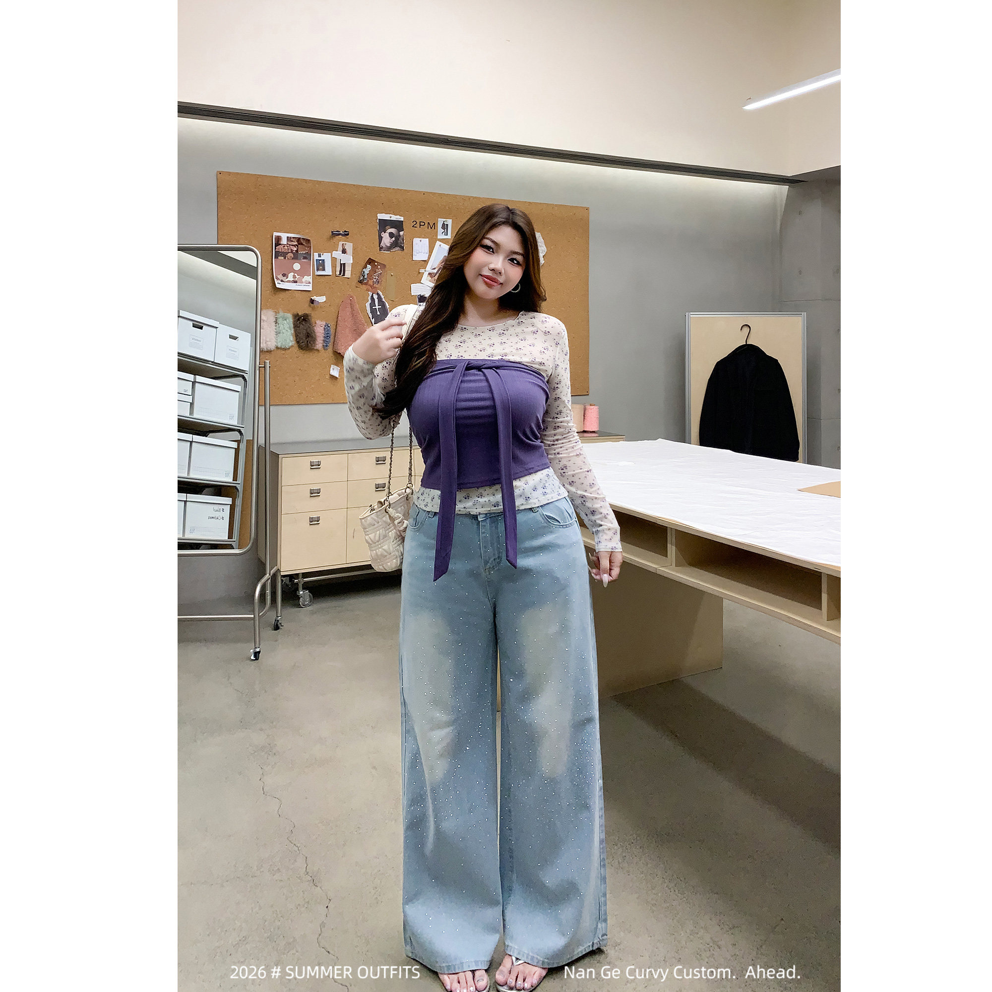 南黑微胖大码高腰烫钻牛仔裤女胖mm梨形身材遮胯显瘦阔腿直筒长裤
