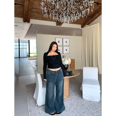 宽松显瘦阔腿加绒拖地牛仔裤