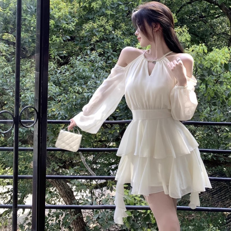法式白色长袖连衣裙仙女