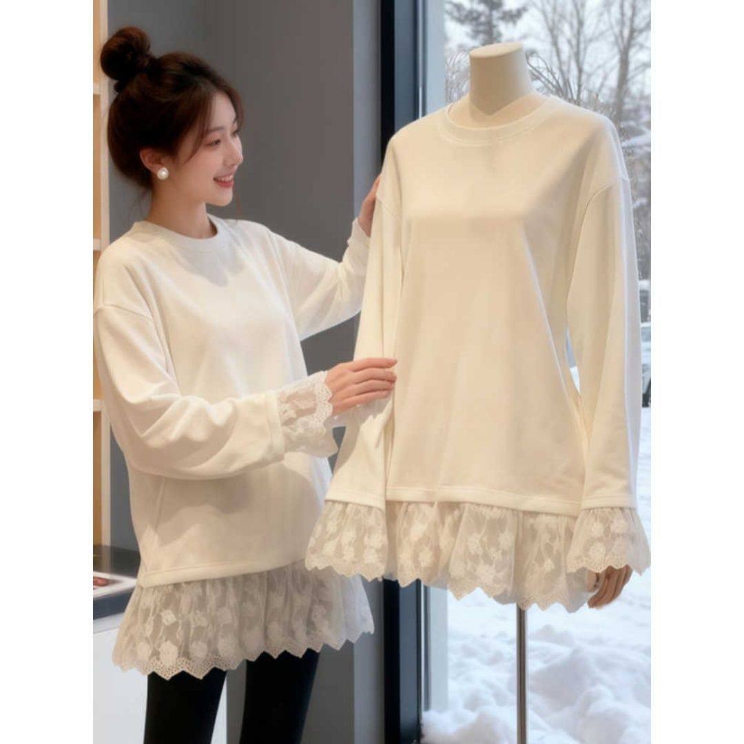 大码德绒重工蕾丝拼接长